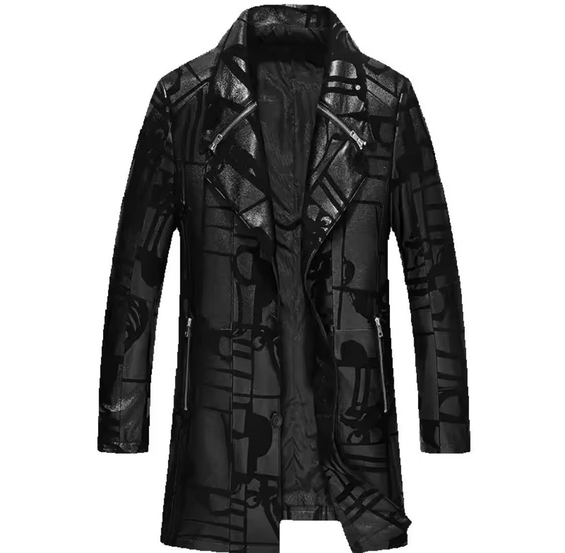 Men’s Genuine Sheepskin Leather Trench Coat – Black Graphic Print Real Leather Long Jacket