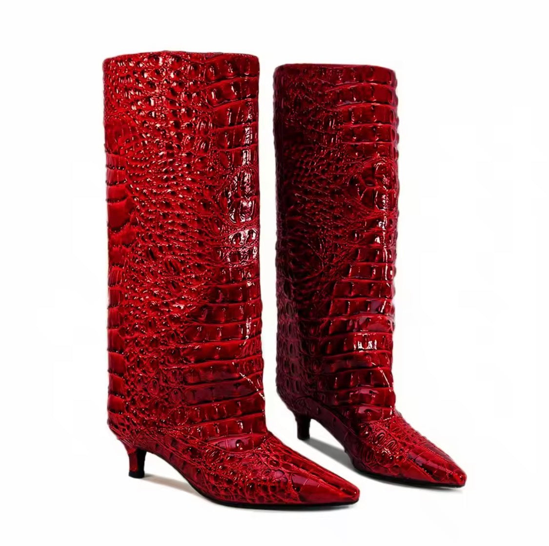 Women’s Slouch Knee-High Boots — Pointed-Toe Kitten Heel Crocodile Embossed Long Boots