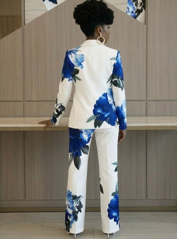Women’s Floral Print Suit Set, Designer Two-Piece Blazer and Flare Pants, Botanical Garden Party Outfit, Statement Tailored Suit,