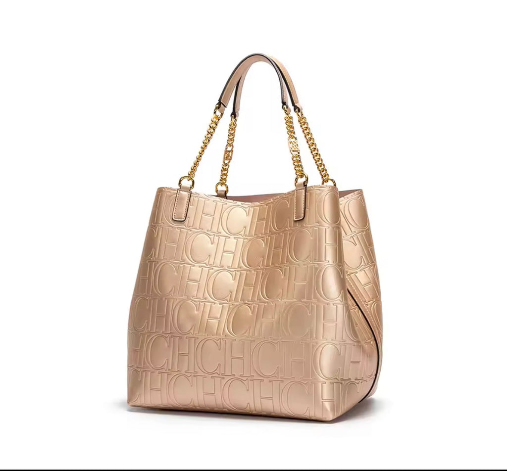 Luxury Monogram Embossed Tote Bag with Gold Chain Straps – Designer-Style Vegan Leather Shoulder Bag & Work Handbag for Women