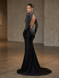 Luxury Black Rhinestone Evening Gown with Gloves, Crystal Embellished Mermaid Dress, High Neck Open Back Formal Gala Dress, Birthday Prom Dress