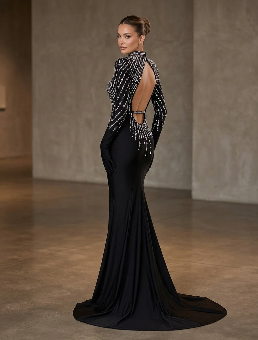 Luxury Black Rhinestone Evening Gown with Gloves, Crystal Embellished Mermaid Dress, High Neck Open Back Formal Gala Dress, Birthday Prom Dress