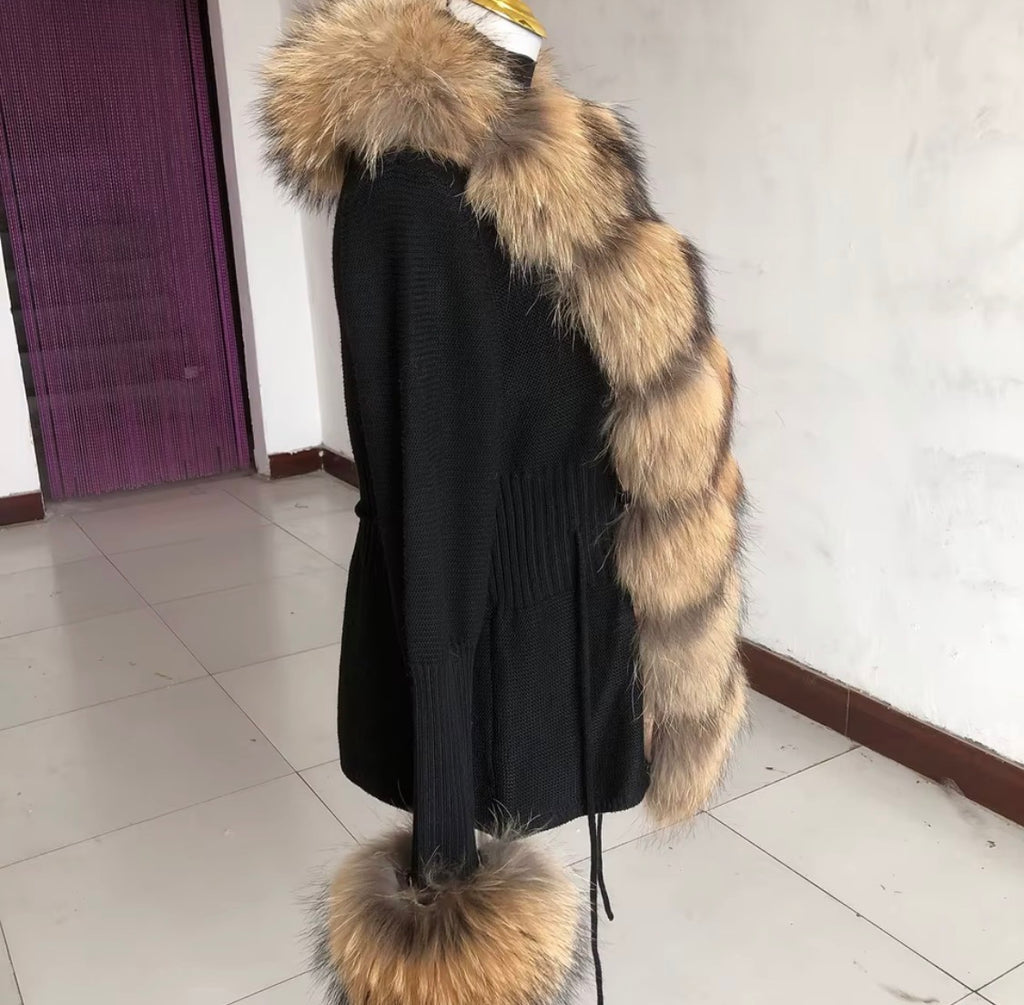 Luxury Real Fox Fur Cardigan with Sleeves & Cuffs | Handcrafted Knit Wool Blend Sweater with Genuine Fox Fur Trim
