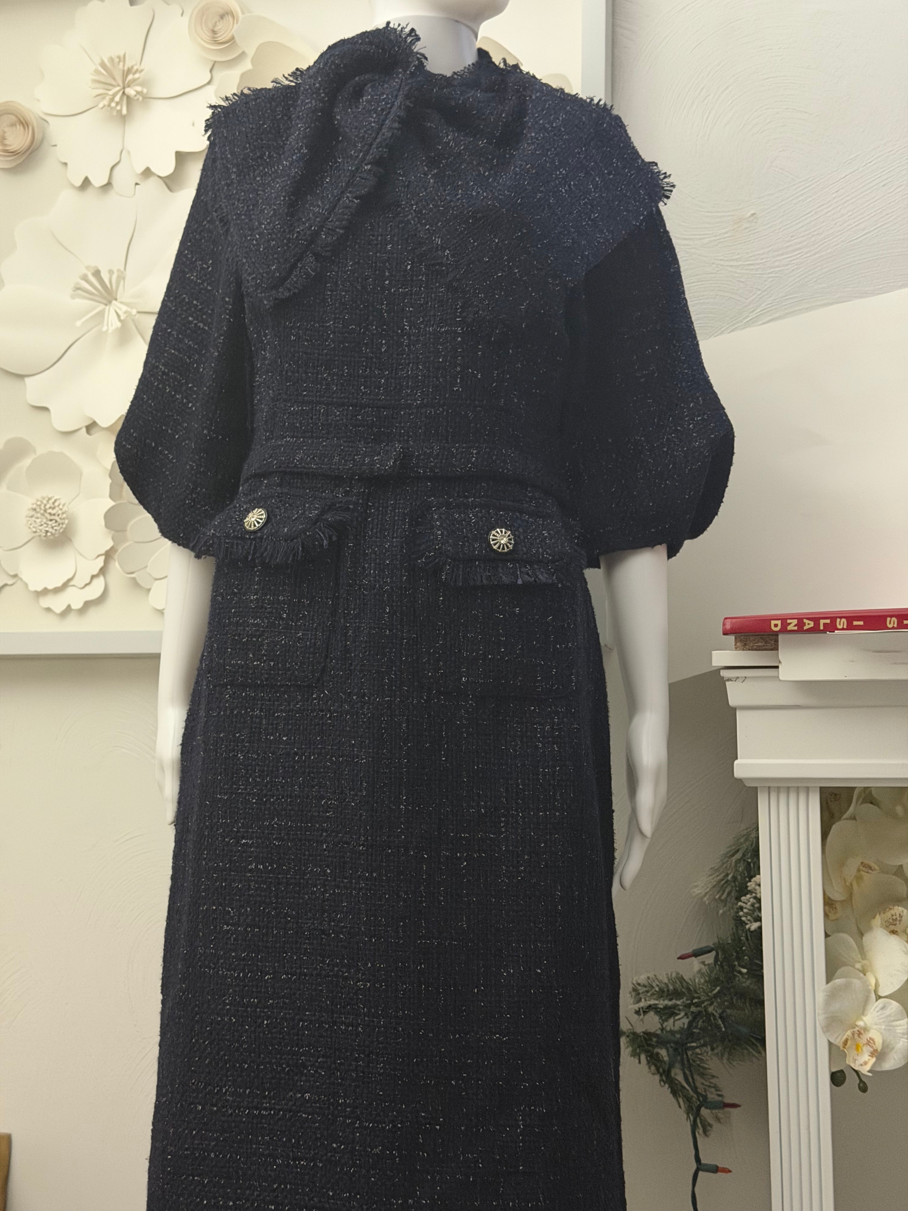 Navy Blue Tweed Belted Midi Dress and Pointed-Toe 12cm Stiletto Pump Set | 2-Piece