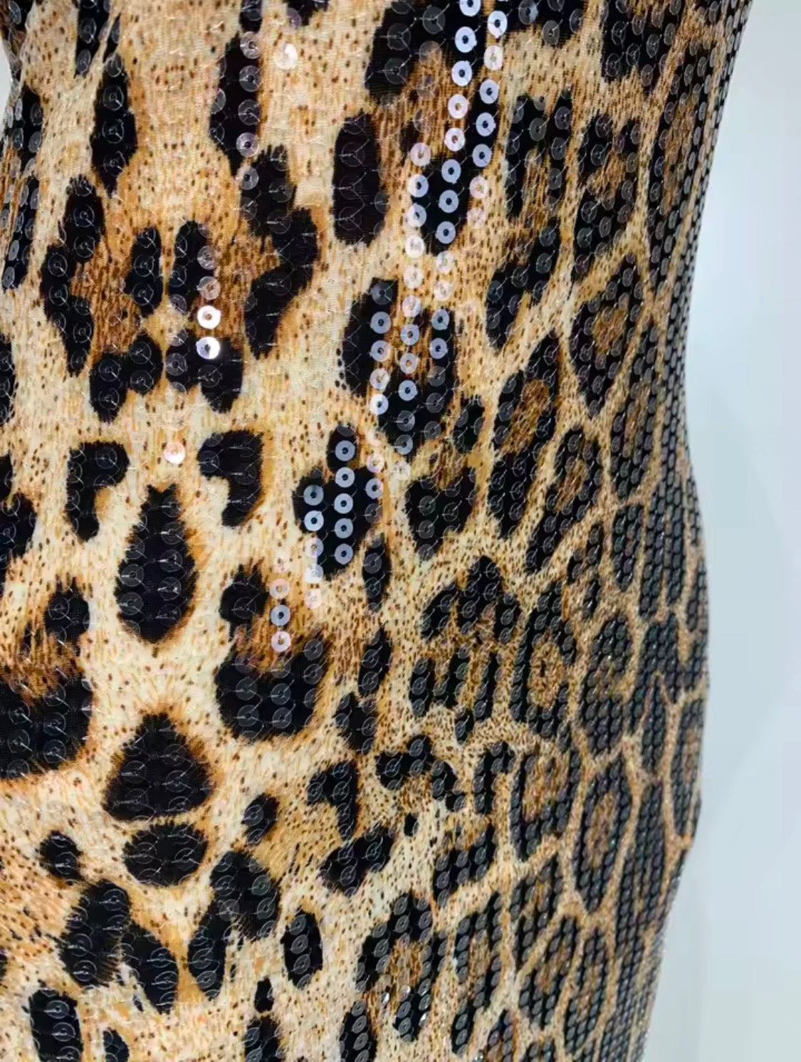 Sequin Leopard Print Prom Dress, Halter Neck Backless Evening Gown, Glam Mermaid High Collar Formal Dress, Animal Print Party Dress