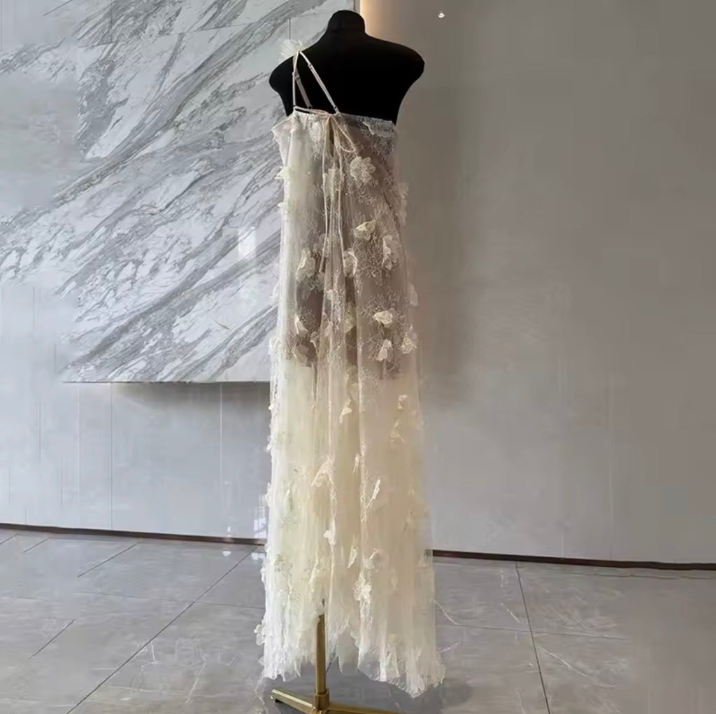 White 3D Floral One-Shoulder Maxi Dress | Ethereal floral Appliqué Summer Gown