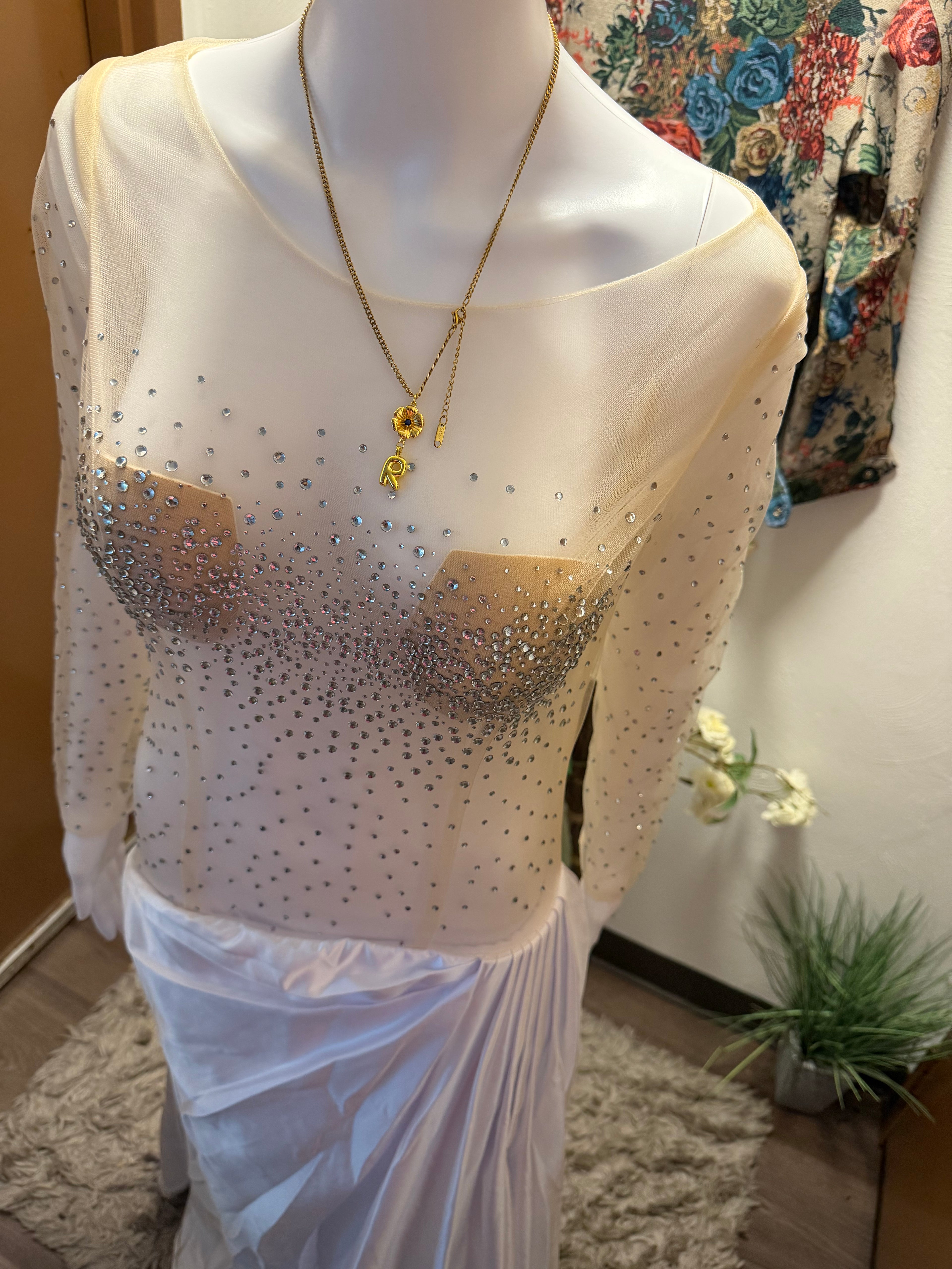 Custom Illusion Beaded Wedding Dress, Sheer Luxury Bridal Gown, Mermaid Silhouette with jewelry set