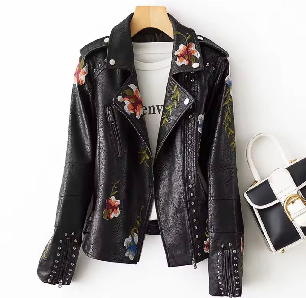 Women's Vintage Floral Embroidered Faux Leather Moto Jacket – Studded Asymmetric Biker Coat