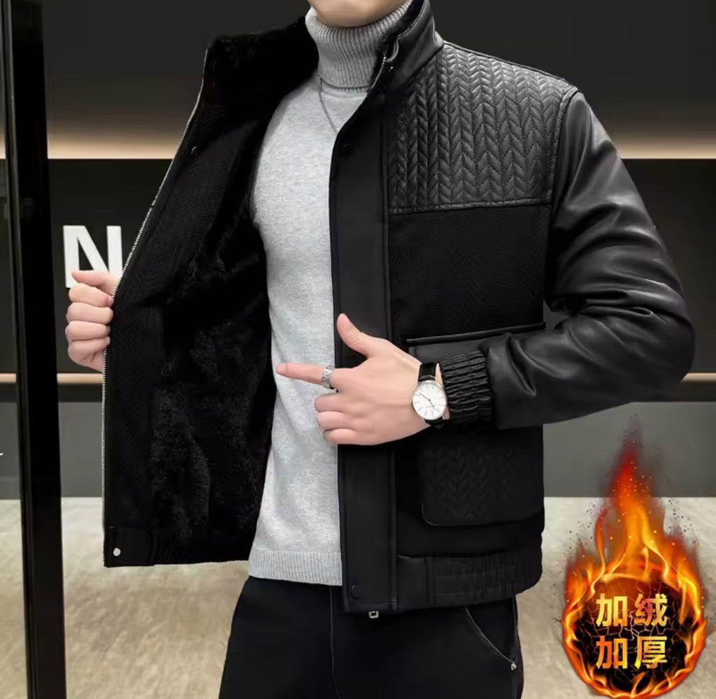 Men’s Fleece-Lined PU Leather Jacket – Bomber Jacket with Faux Fur Collar
