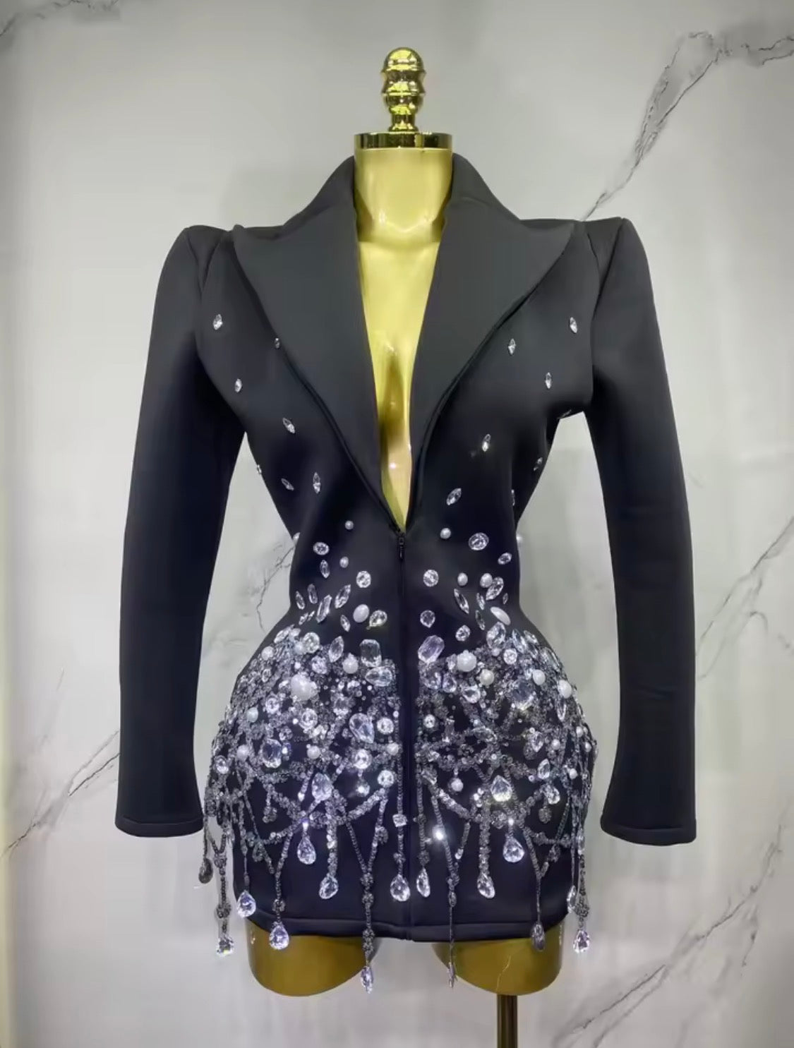 Luxury Crystal Rhinestone Blazer Mini Dress, Beaded Fringe Formal Party Gown, Sculptural Lapel Evening Cocktail Dress, Birthday Outfit Women