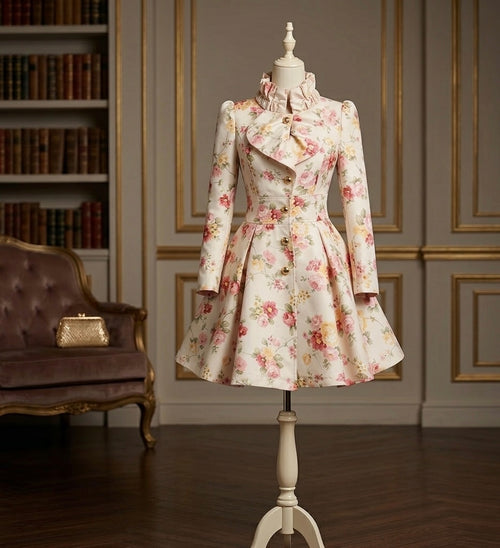 Vintage Style Floral Trench Coat, Shabby Chic Spring Jacket | Fit and Flare Dress Coat |