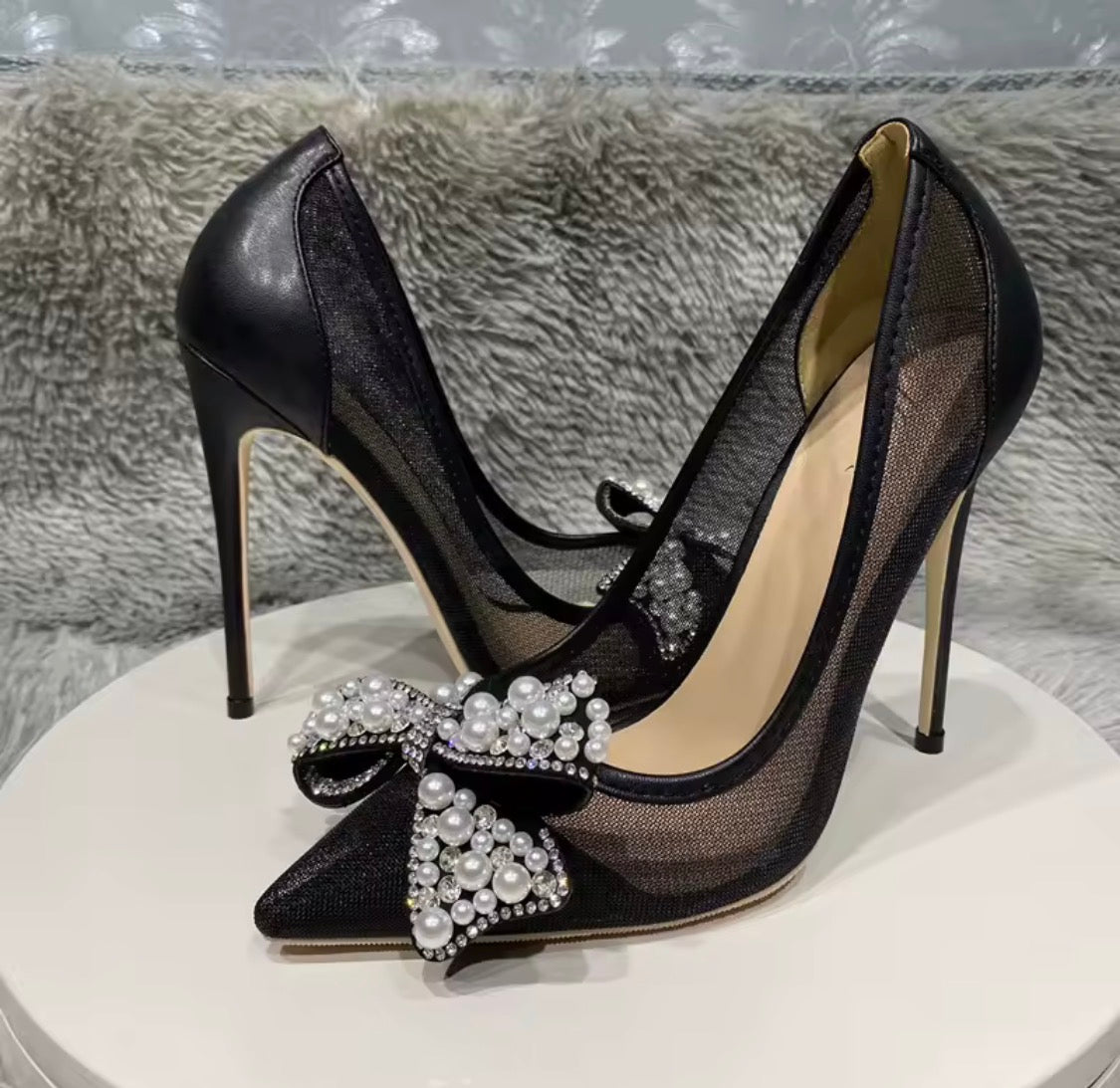 Black Lace Mesh High Heels with Bow Accents | Pointed Toe Stiletto Pumps | Pearl, Rhinestone & Classic Lace Wedding & Evening Shoeshine
