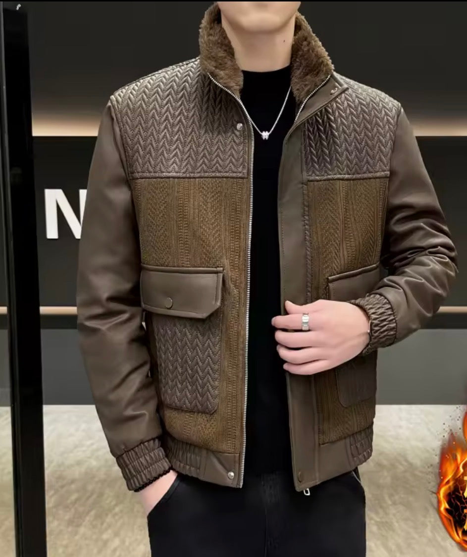 Men’s Fleece-Lined PU Leather Jacket – Bomber Jacket with Faux Fur Collar