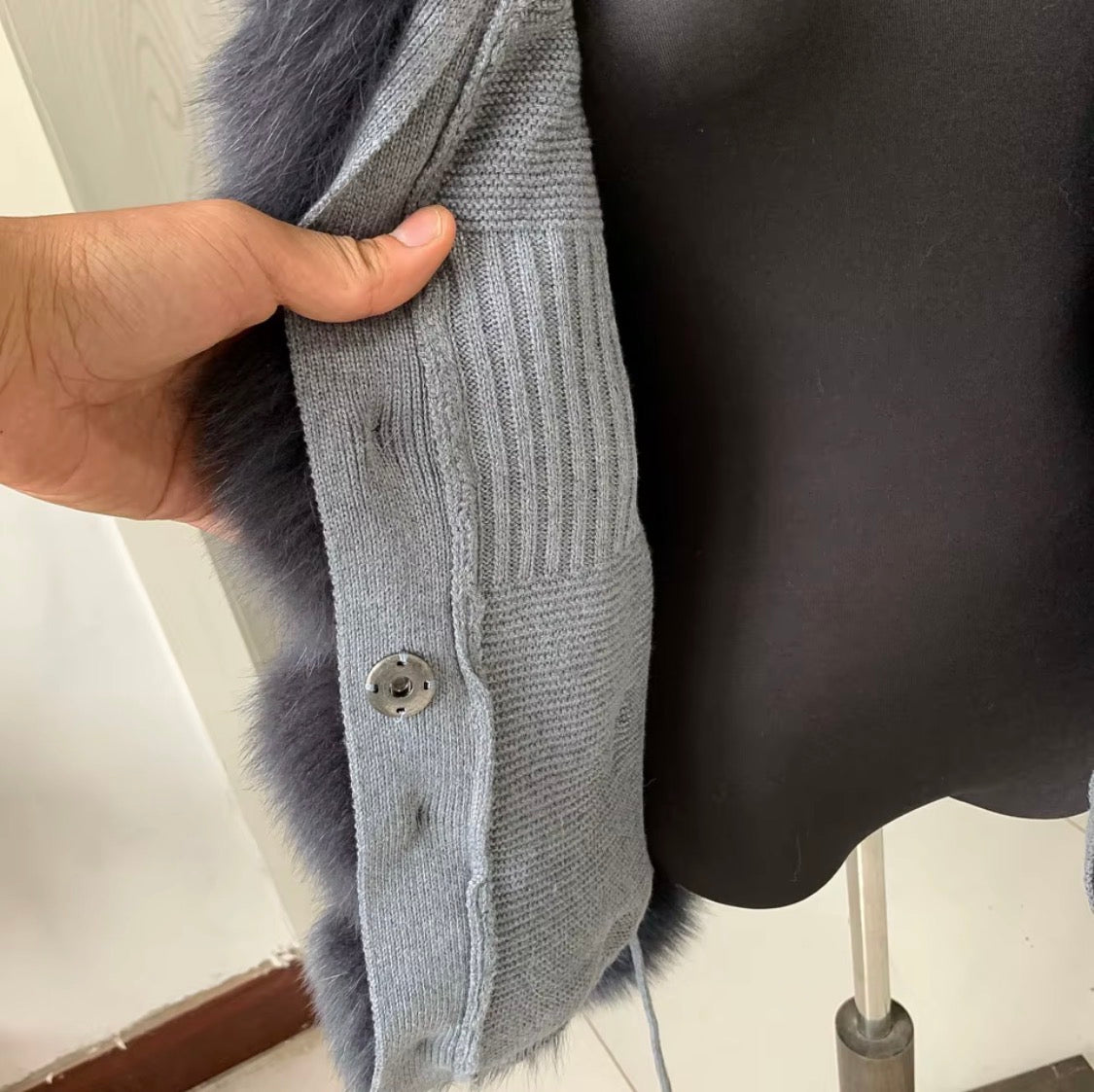 Luxury Real Fox Fur Cardigan with Sleeves & Cuffs | Handcrafted Knit Wool Blend Sweater with Genuine Fox Fur Trim