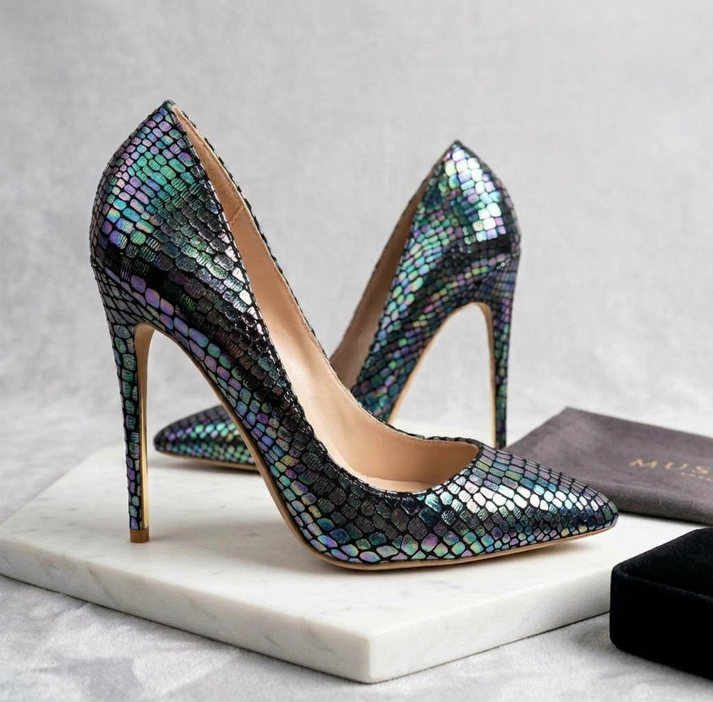 Iridescent Metallic Snake-Scale High Heels, Pointed Toe Stilettos