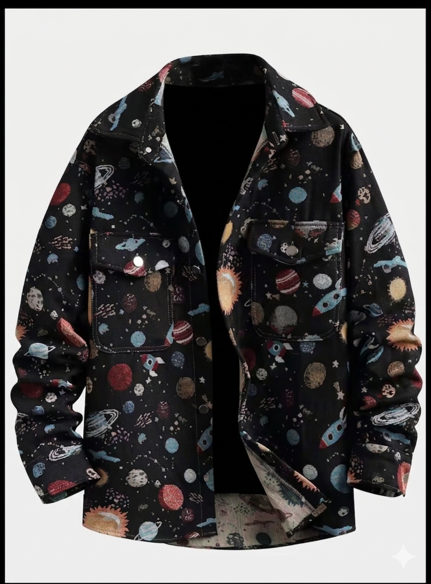 Thick Retro Men's Tapestry Jacket | Vintage Inspired Graffiti and Solar System Streetwear Shacket | Heavyweight Patterned Button-Down Coat