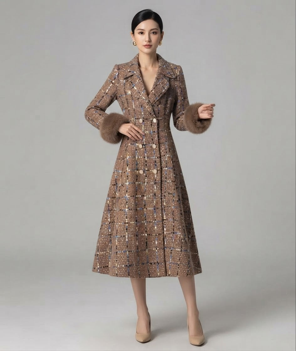 Women’s Long Tweed Plaid Trench Coat, Double-Breasted Winter Overcoat with Faux Fur Cuffs, Elegant Vintage Midi Jacket
