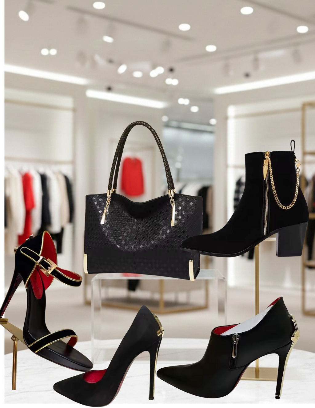 Black Leather Purse and Shoe Set | Gold Accent Boots or Heels, Genuine Leather, Cowhide