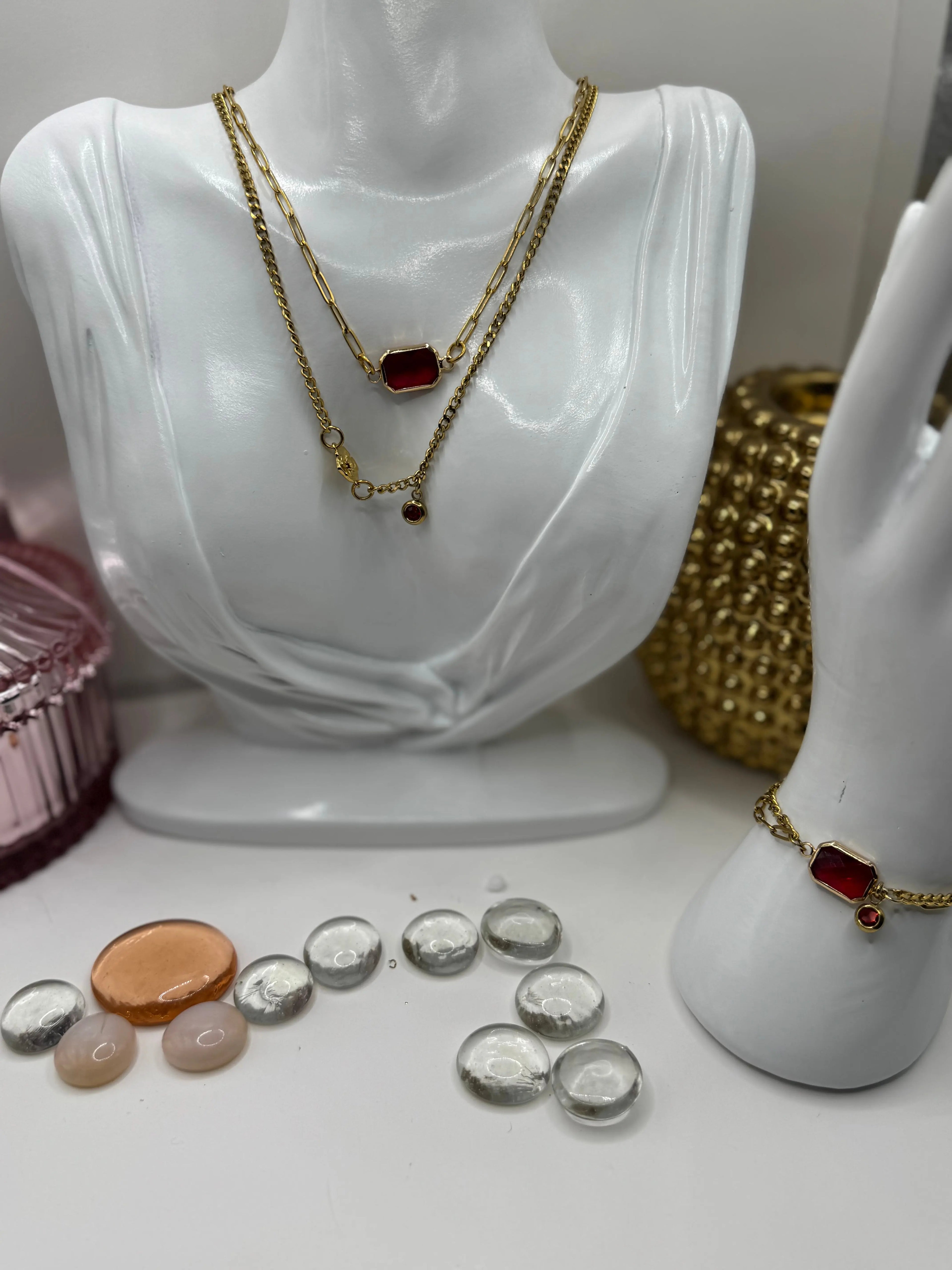 18k Gold PVD Birth Month double layered pendant Necklace, Bracelet and Earrings 3 pce set. - JNi3 shop