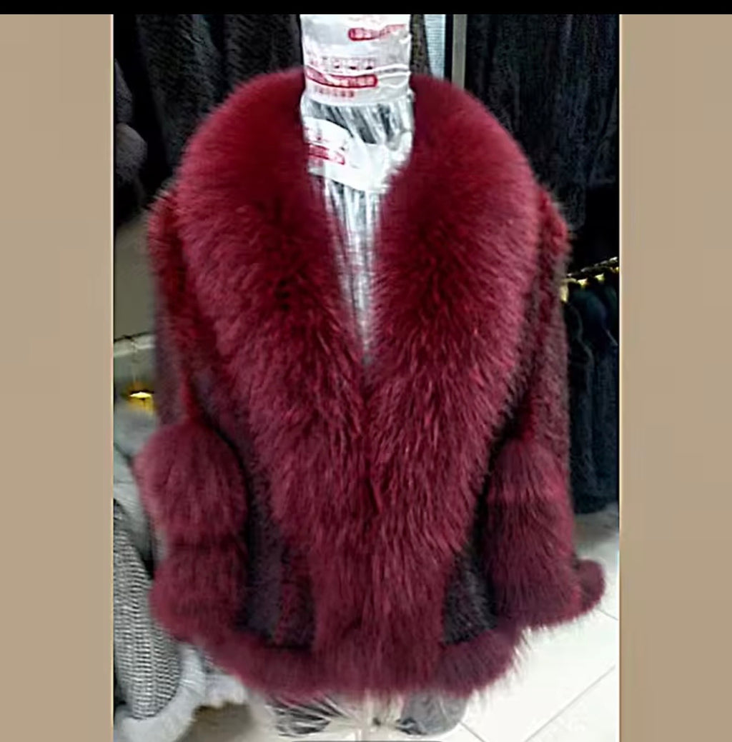 Mink fur ponchos and Hat set|Fox Fur trim