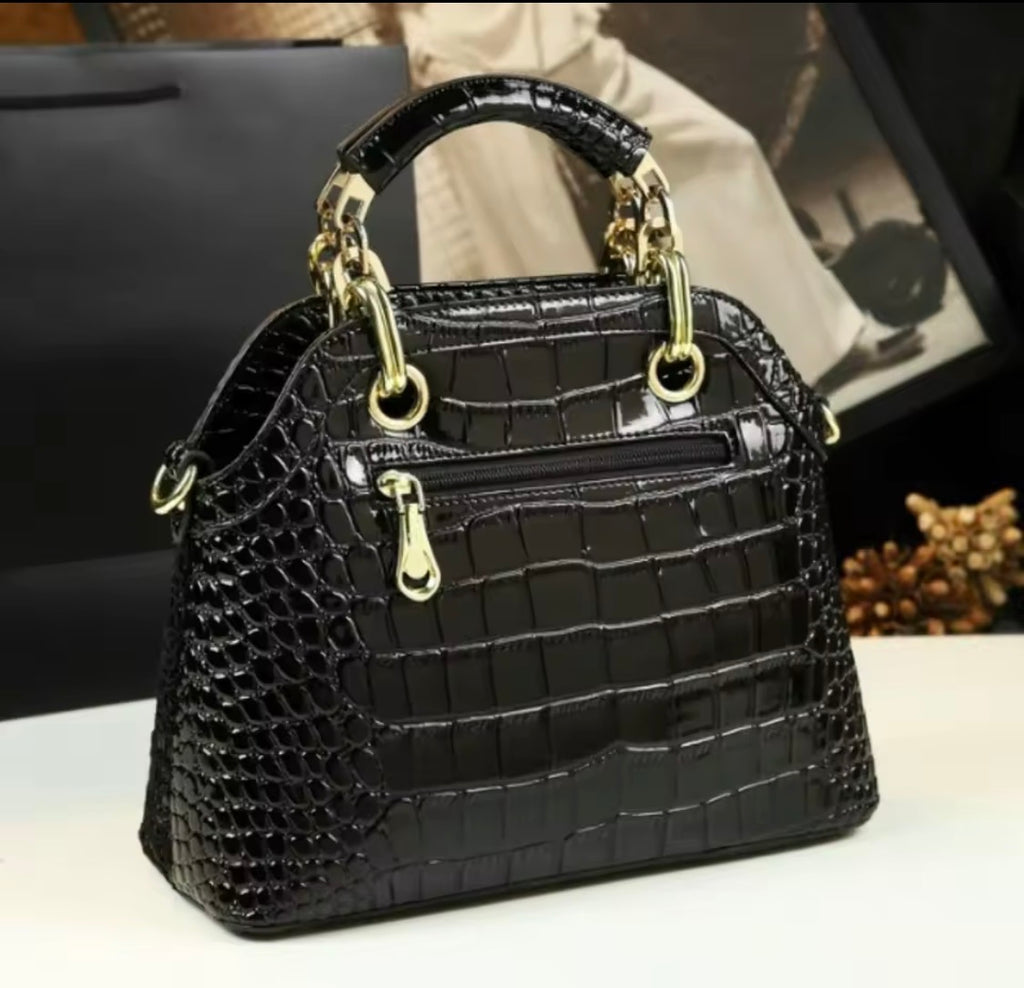 Luxury Crocodile Pattern Lacquer Leather Handbag – Rhinestone Diamond Inlaid Rose Embossed Single Shoulder & Crossbody Bag