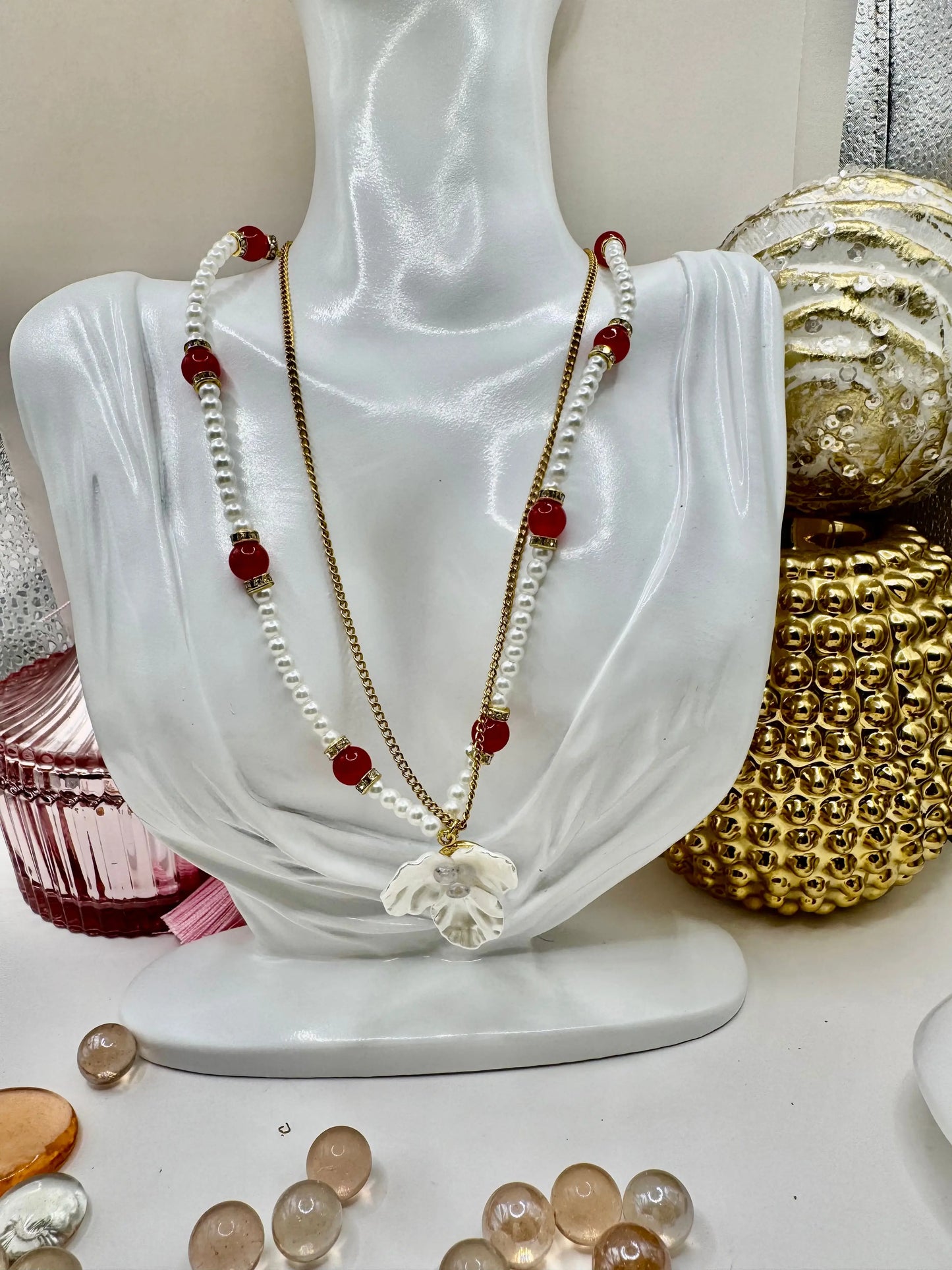 18k gold PVD Artificial pearl and glass beads Necklace with 3D Flower pendant and Bracelet set - JNi3 shop