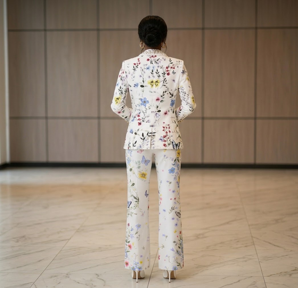 Women’s Floral Print Suit Set, Designer Two-Piece Blazer and Flare Pants, Botanical Garden Party Outfit, Statement Tailored Suit,