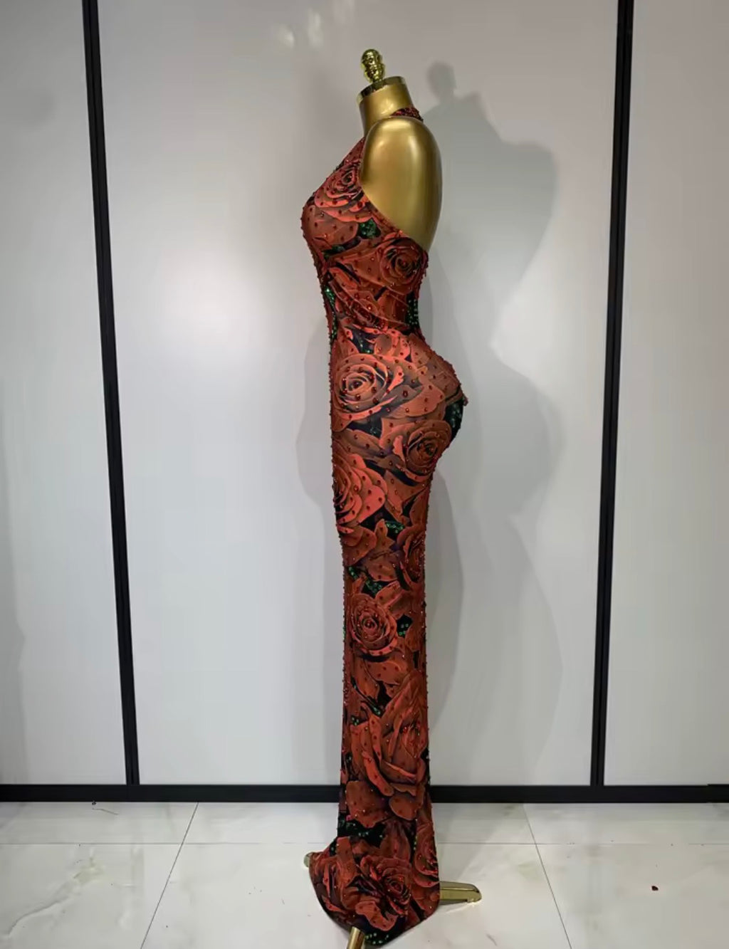Red Rose Rhinestone Halter Maxi Dress | Floral Mesh Bodycon Evening Gown | Glam Formal Party Dress | Floor Length Backless Dress | Elegant Dress