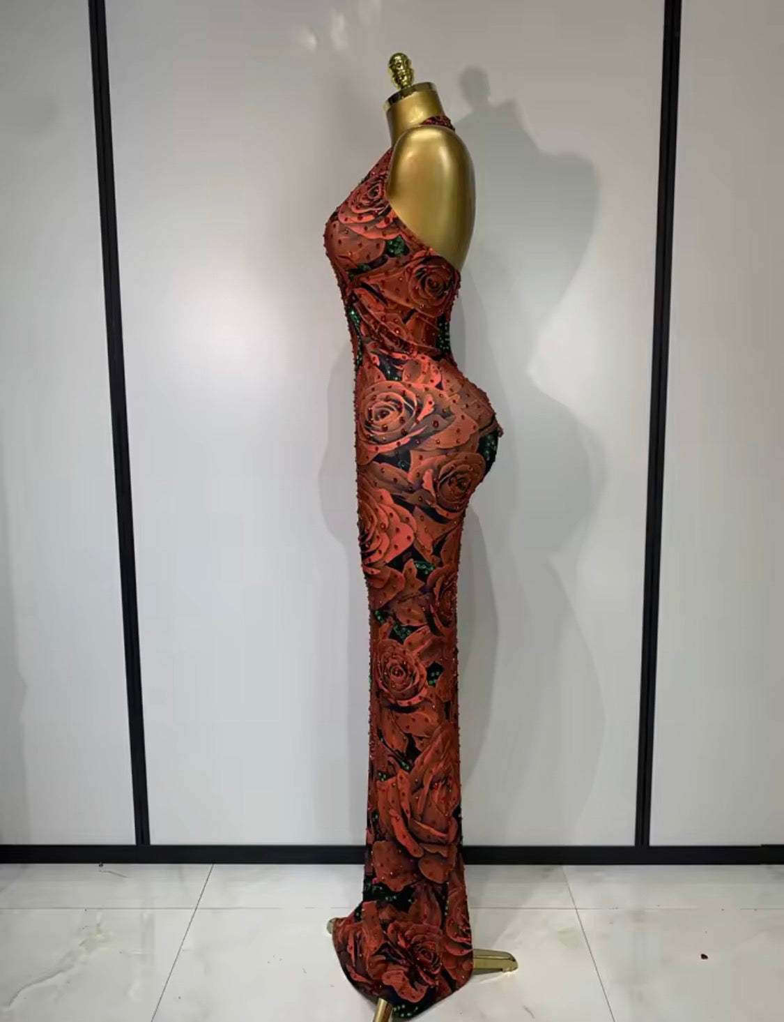 Red Rose Rhinestone Halter Maxi Dress | Floral Mesh Bodycon Evening Gown | Glam Formal Party Dress | Floor Length Backless Dress | Elegant Dress