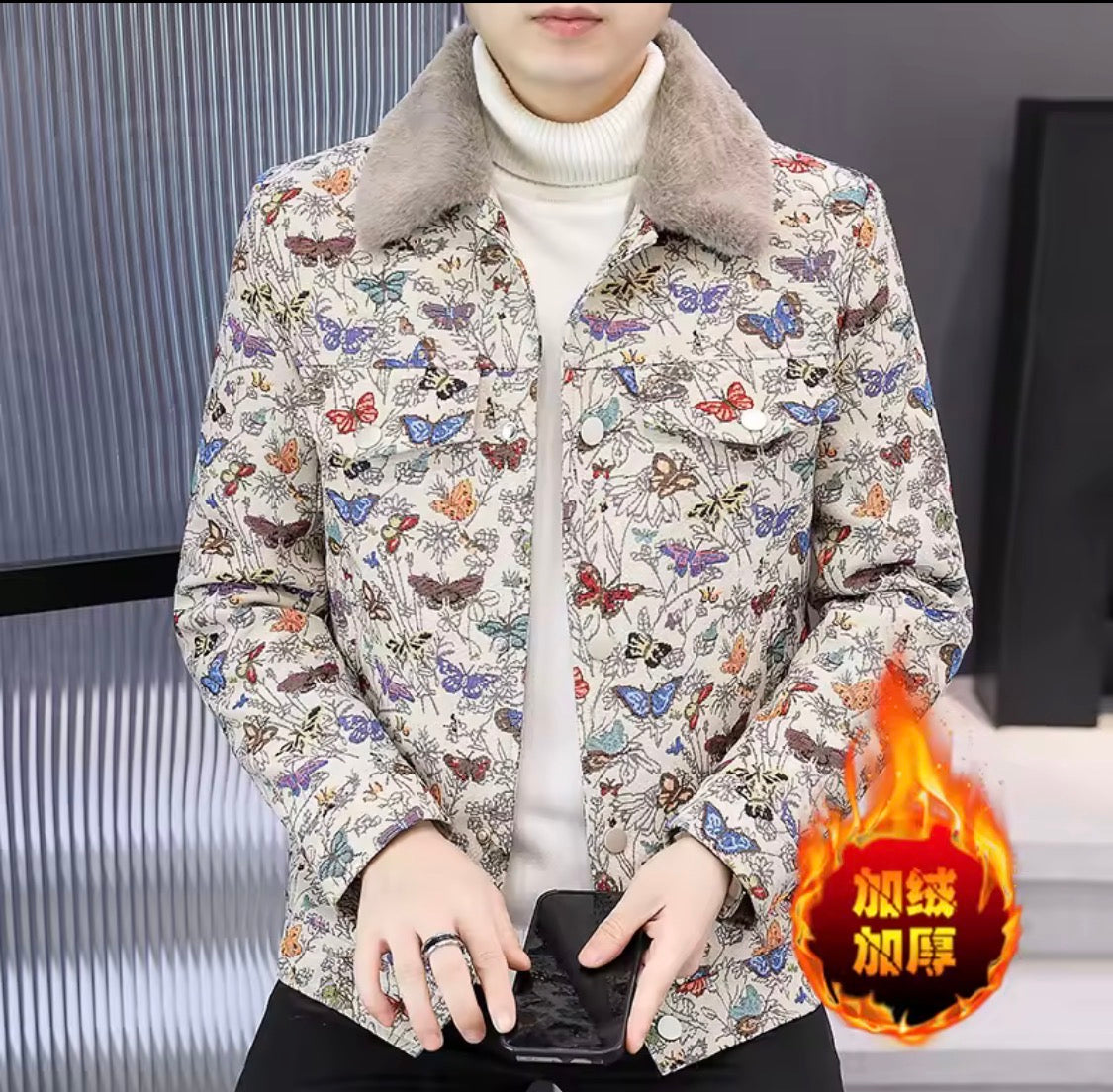 Men's Butterfly Print Winter Jacket with Faux Fur Collar | Warm Plush Fleece Lined Trucker Jacket