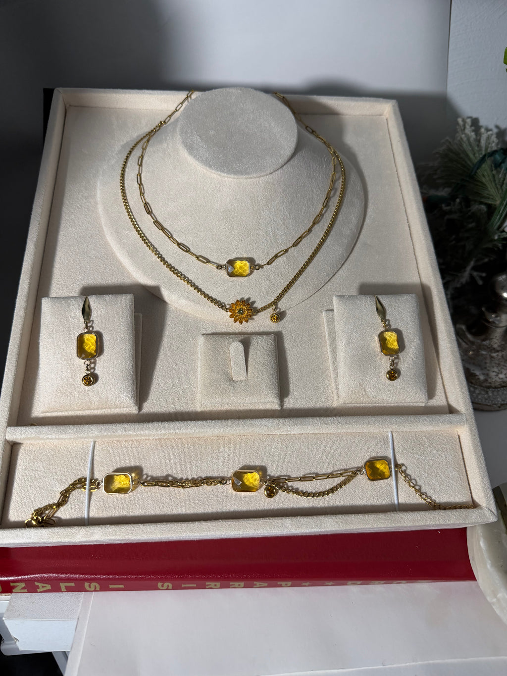 18k Gold PVD Birth Month double layered pendant Necklace, Bracelet and Earrings 3 pce set.
