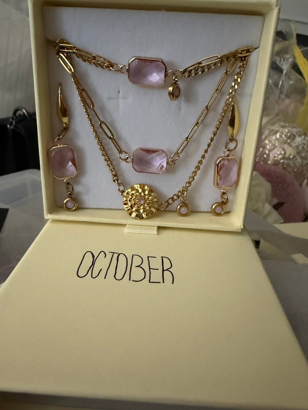 18k Gold PVD Birth Month double layered pendant Necklace, Bracelet and Earrings 3 pce set.