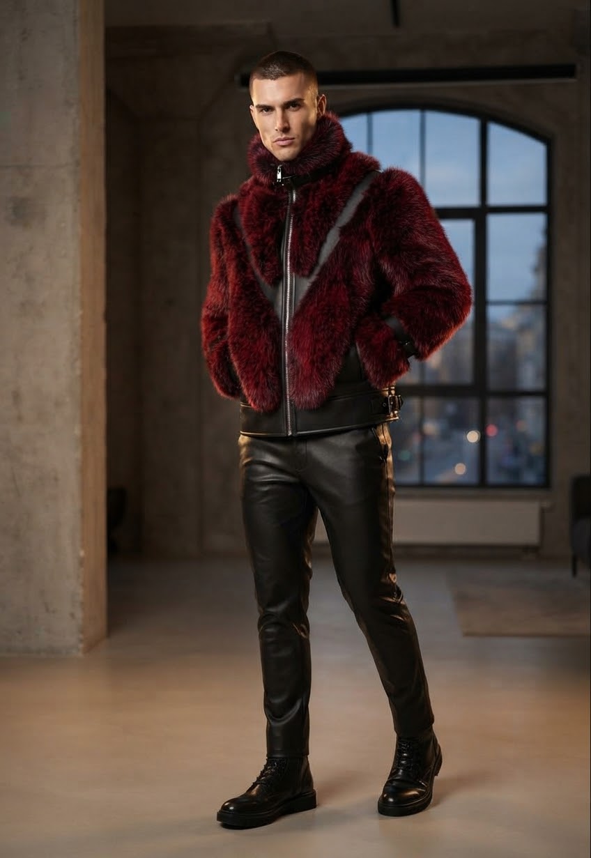 Men's Luxury Faux Fur & Leather Bomber Jacket – Winter Statement Outerwear with Stand Collar & Buckle Cuffs
