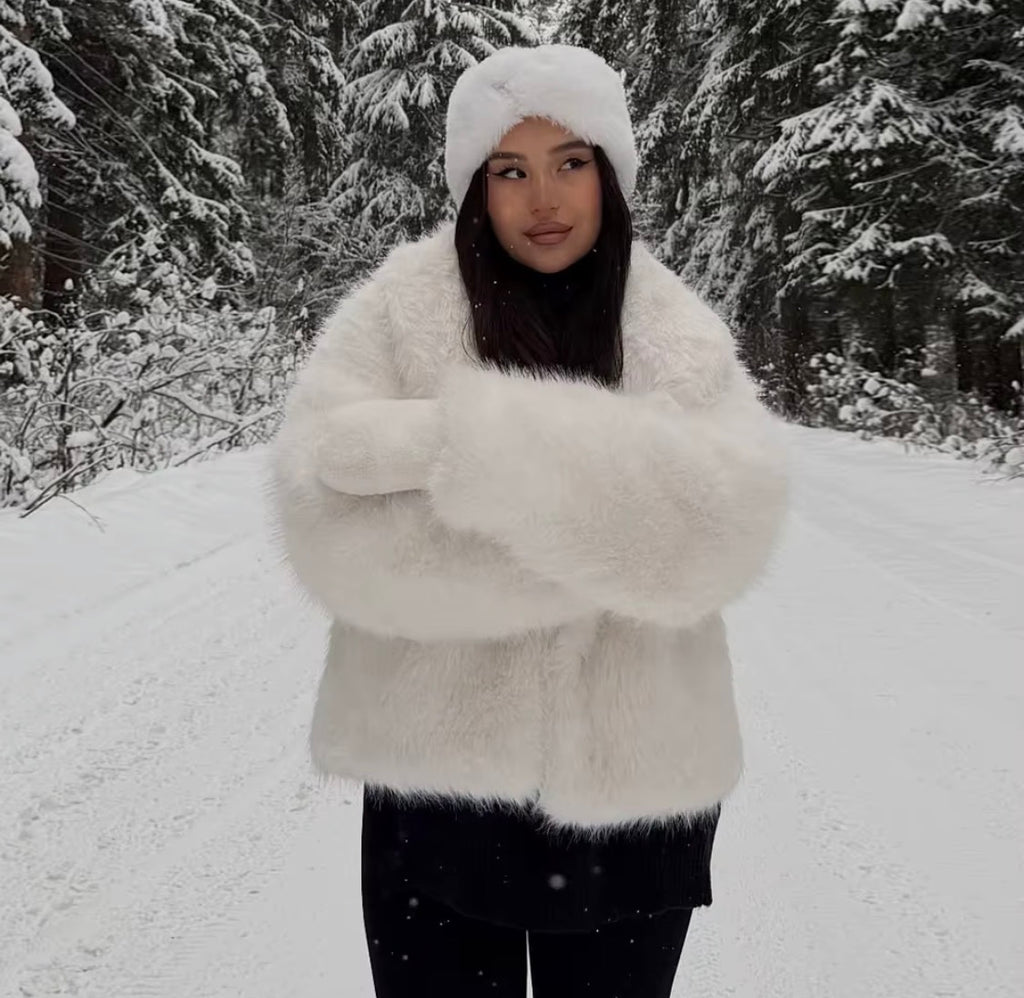 Luxury Women's White Faux Over Coat - Elegant Long Faux Fur Jacket with Oversized Collar for Winter
