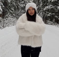 Luxury Women's White Faux Over Coat - Elegant Long Faux Fur Jacket with Oversized Collar for Winter