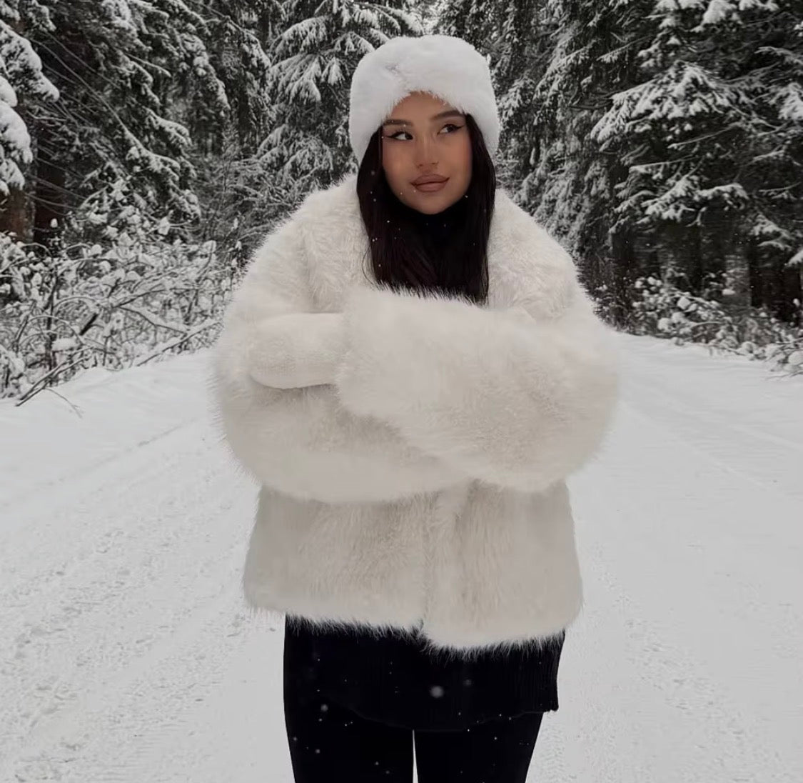 Luxury Women's White Faux Over Coat - Elegant Long Faux Fur Jacket with Oversized Collar for Winter