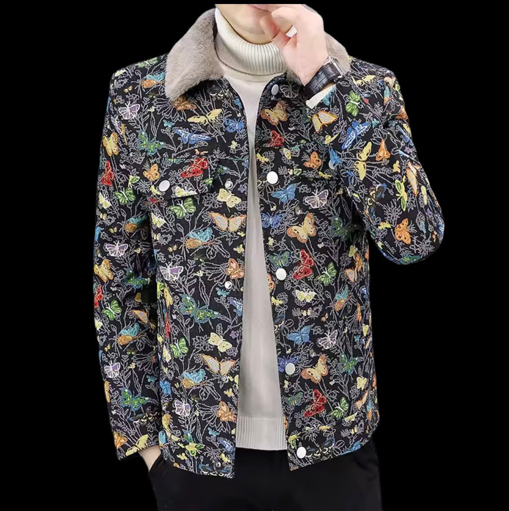 Men's Butterfly Print Winter Jacket with Faux Fur Collar | Warm Plush Fleece Lined Trucker Jacket