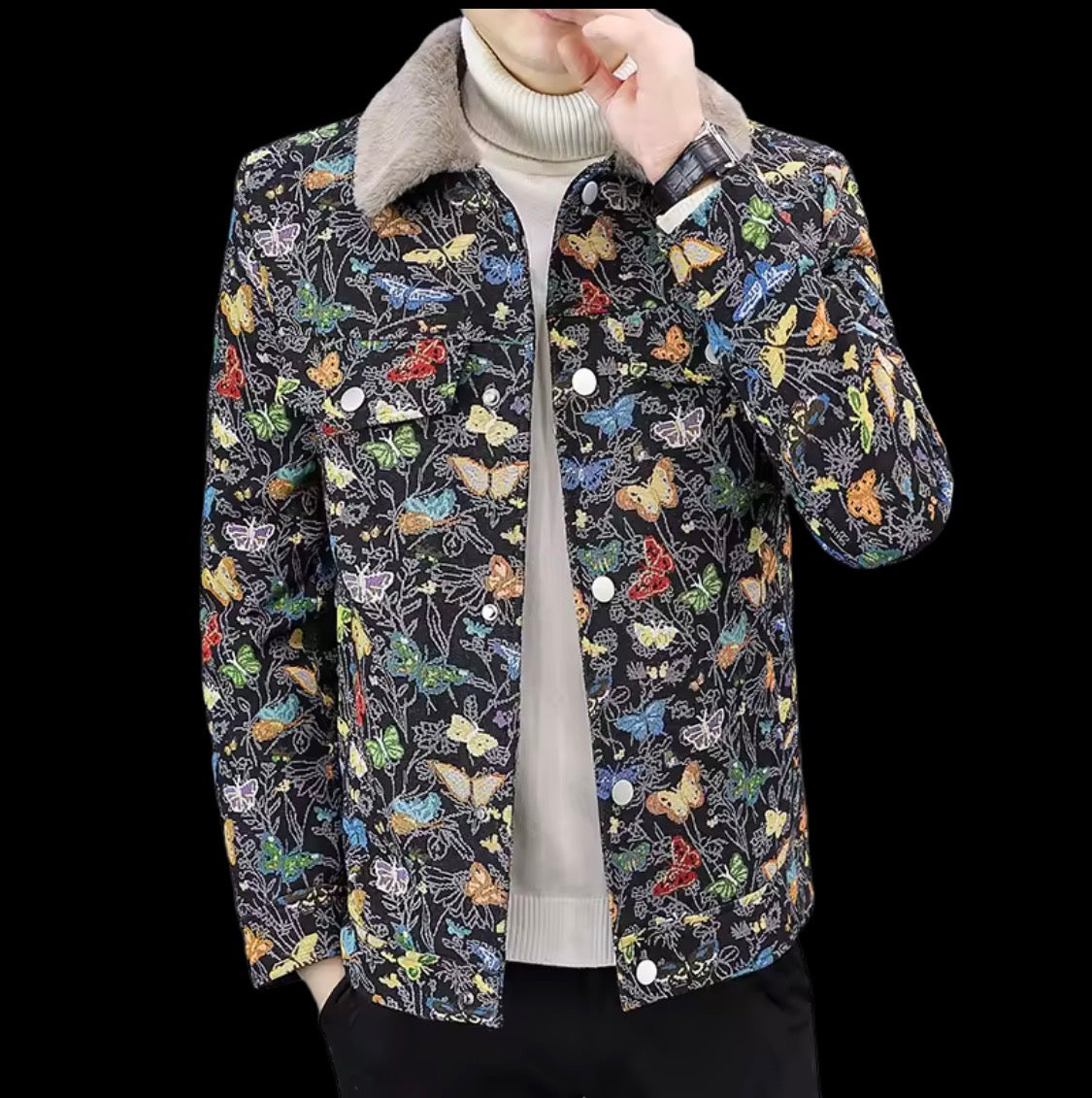 Men's Butterfly Print Winter Jacket with Faux Fur Collar | Warm Plush Fleece Lined Trucker Jacket