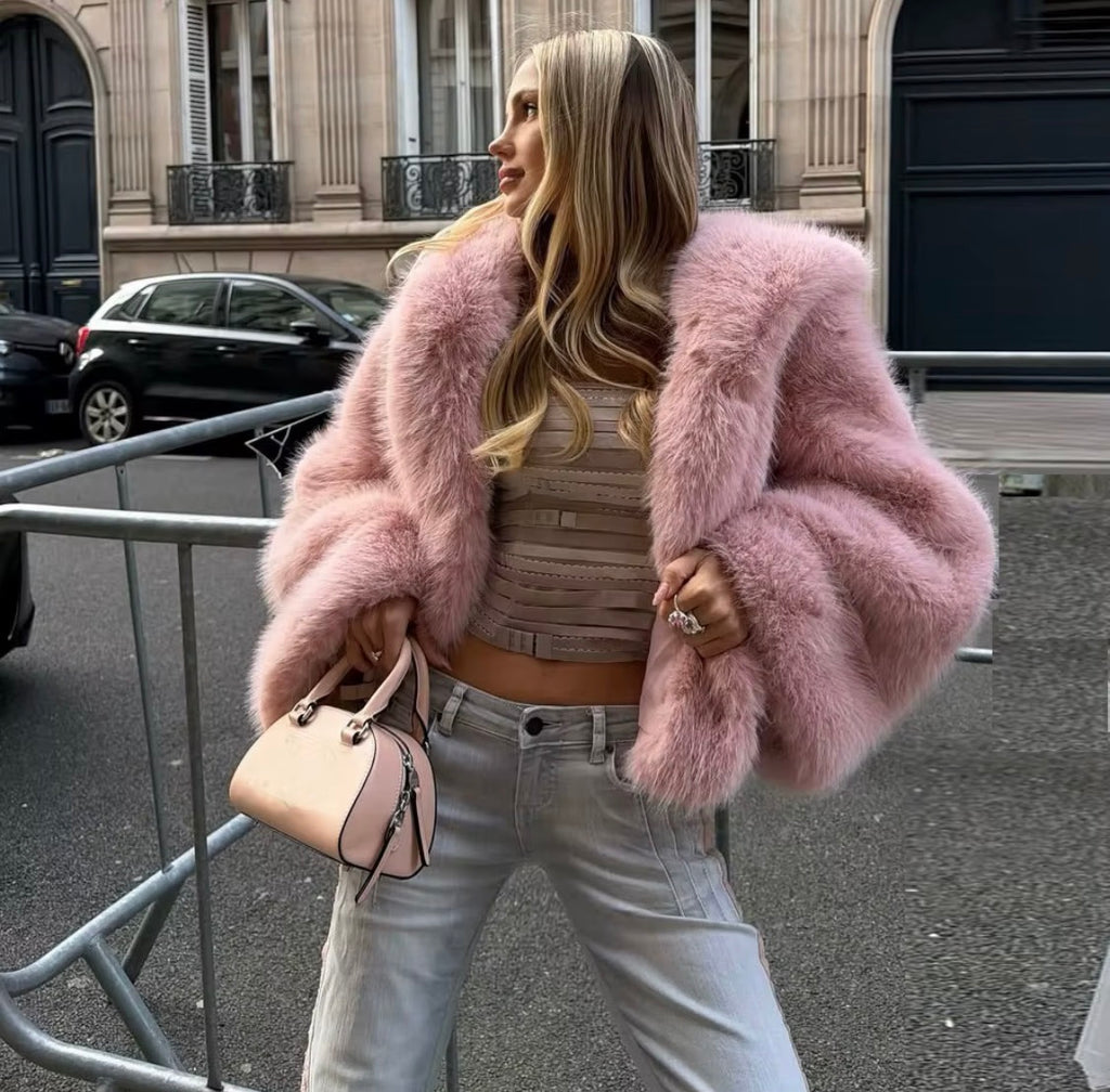 LuxePlush™ Cropped Faux Fur Jacket – Women's Glam Oversized Coat