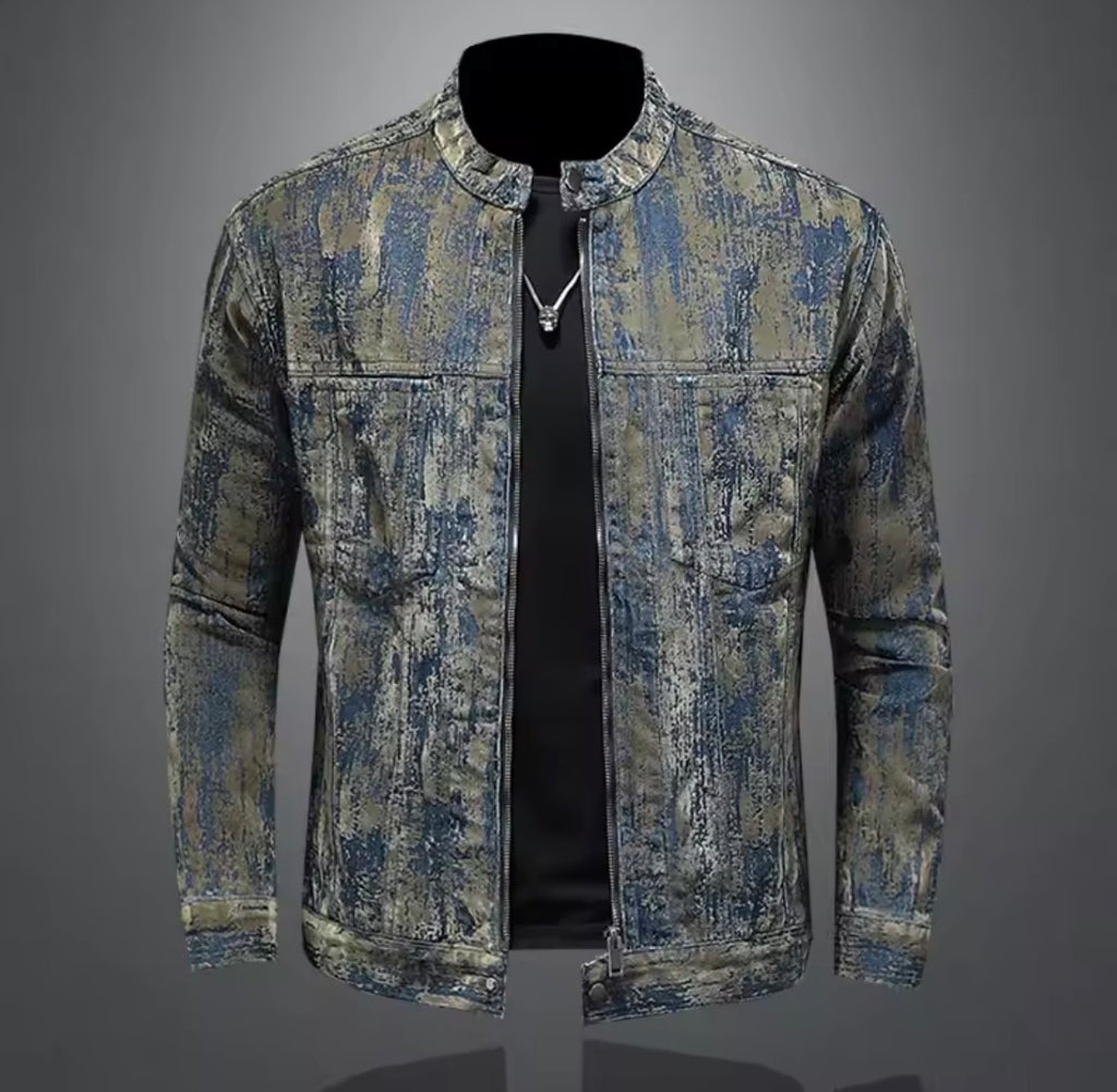 Men’s Distressed Acid-Wash Denim Jacket | Vintage style Moto Biker Stand Collar Zipper Jean Jacket