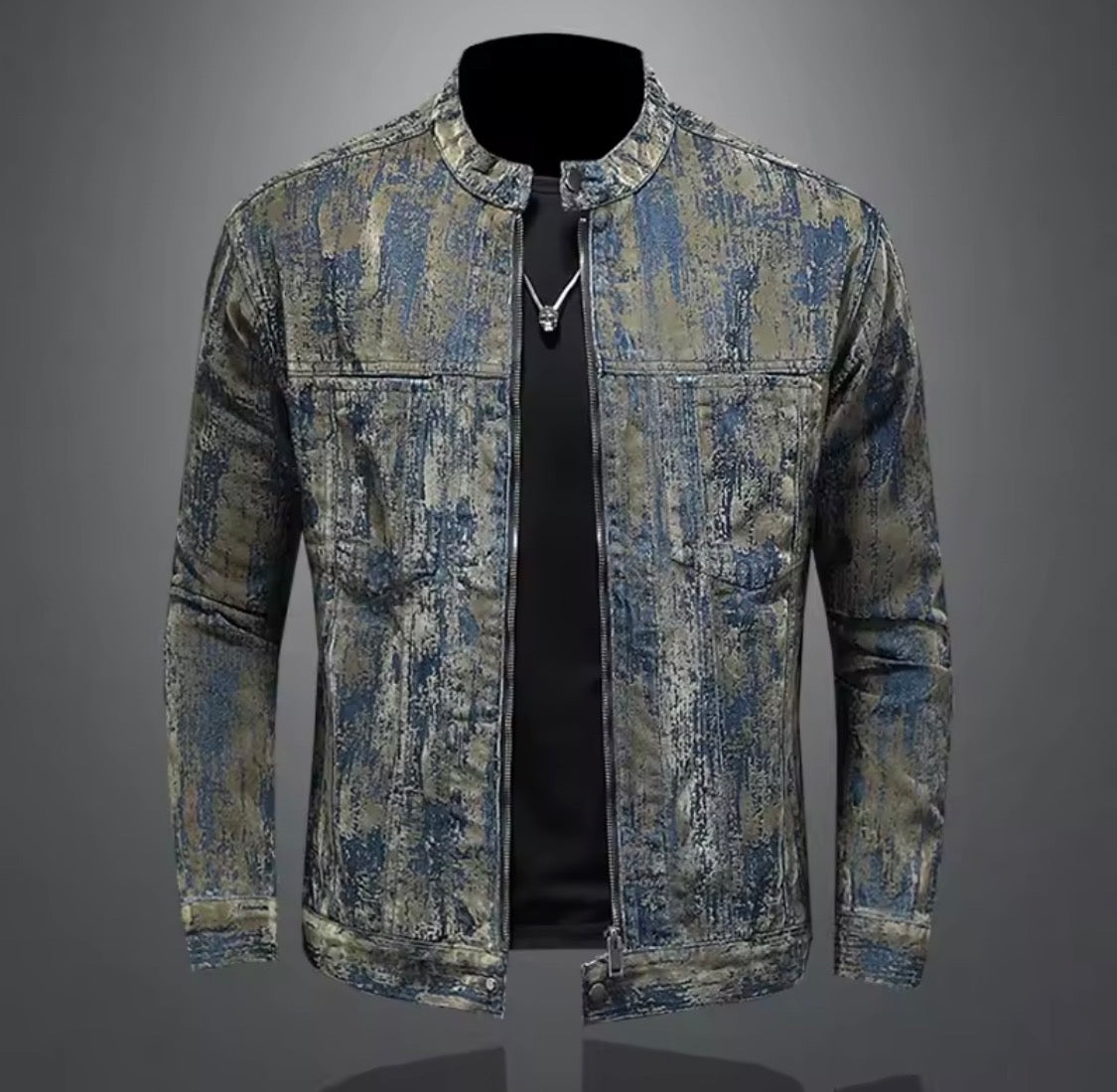Men’s Distressed Acid-Wash Denim Jacket | Vintage style Moto Biker Stand Collar Zipper Jean Jacket