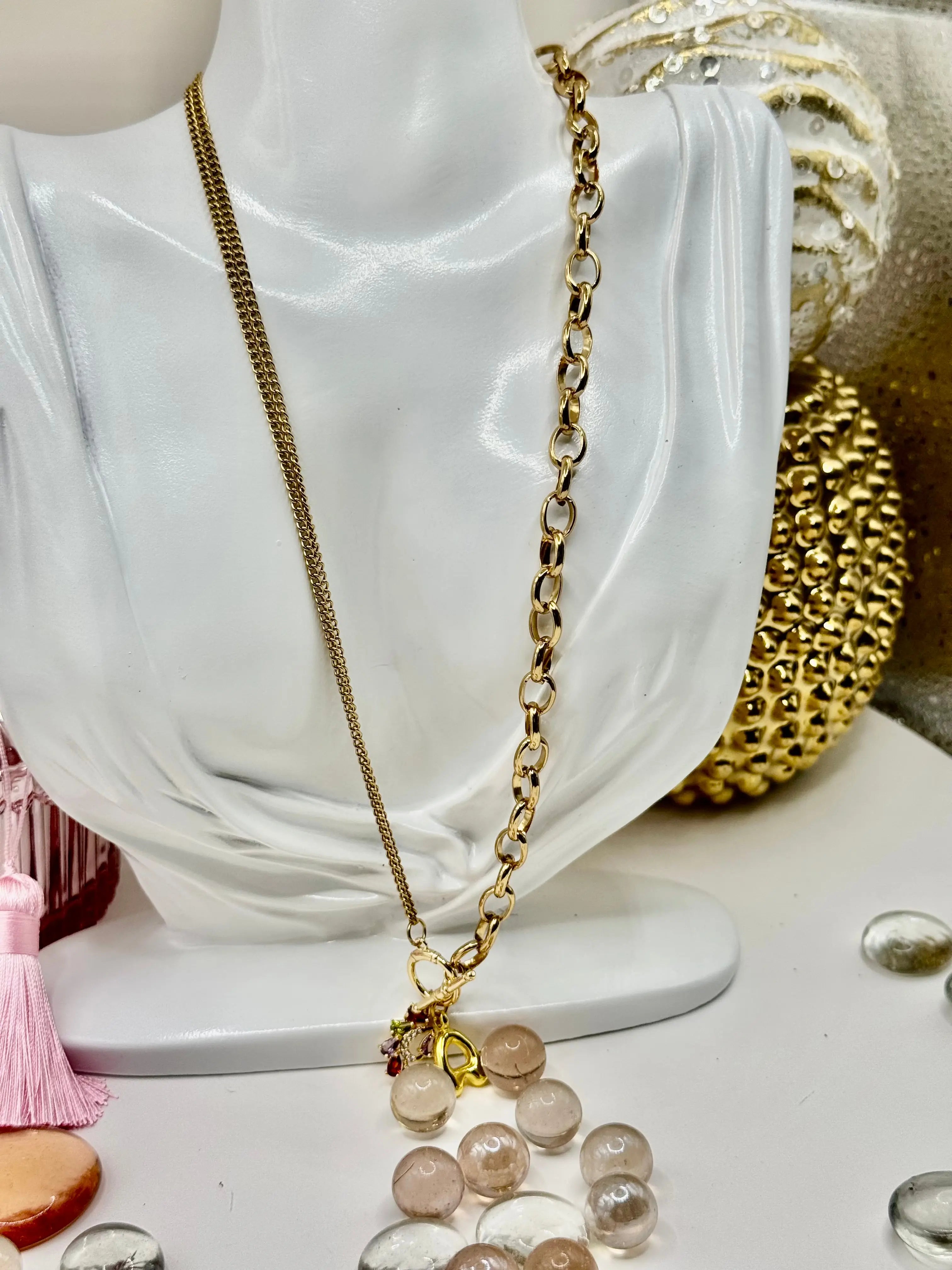 18K Gold PVD Initial Necklace with Multi-Color Gemstone Charms | Toggle Clasp Non-Tarnish Chain - JNi3 shop