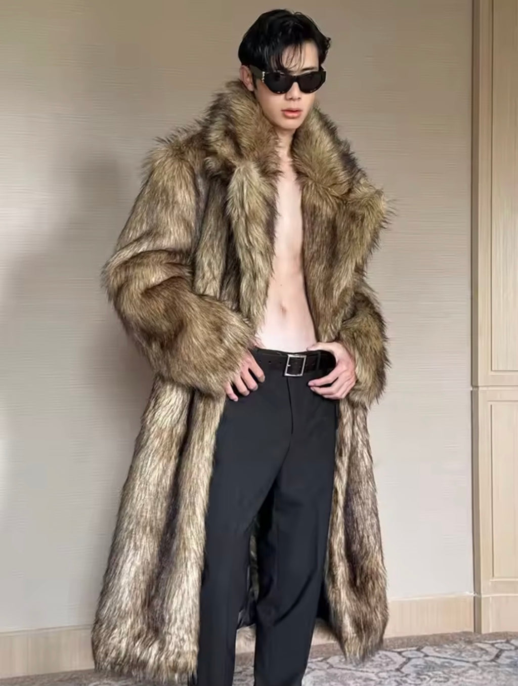 Luxury Men’s Long Faux Fur Trench Coat | Statement Oversized Winter Outerwear | Warm Shaggy Wolf Fur Style Coat