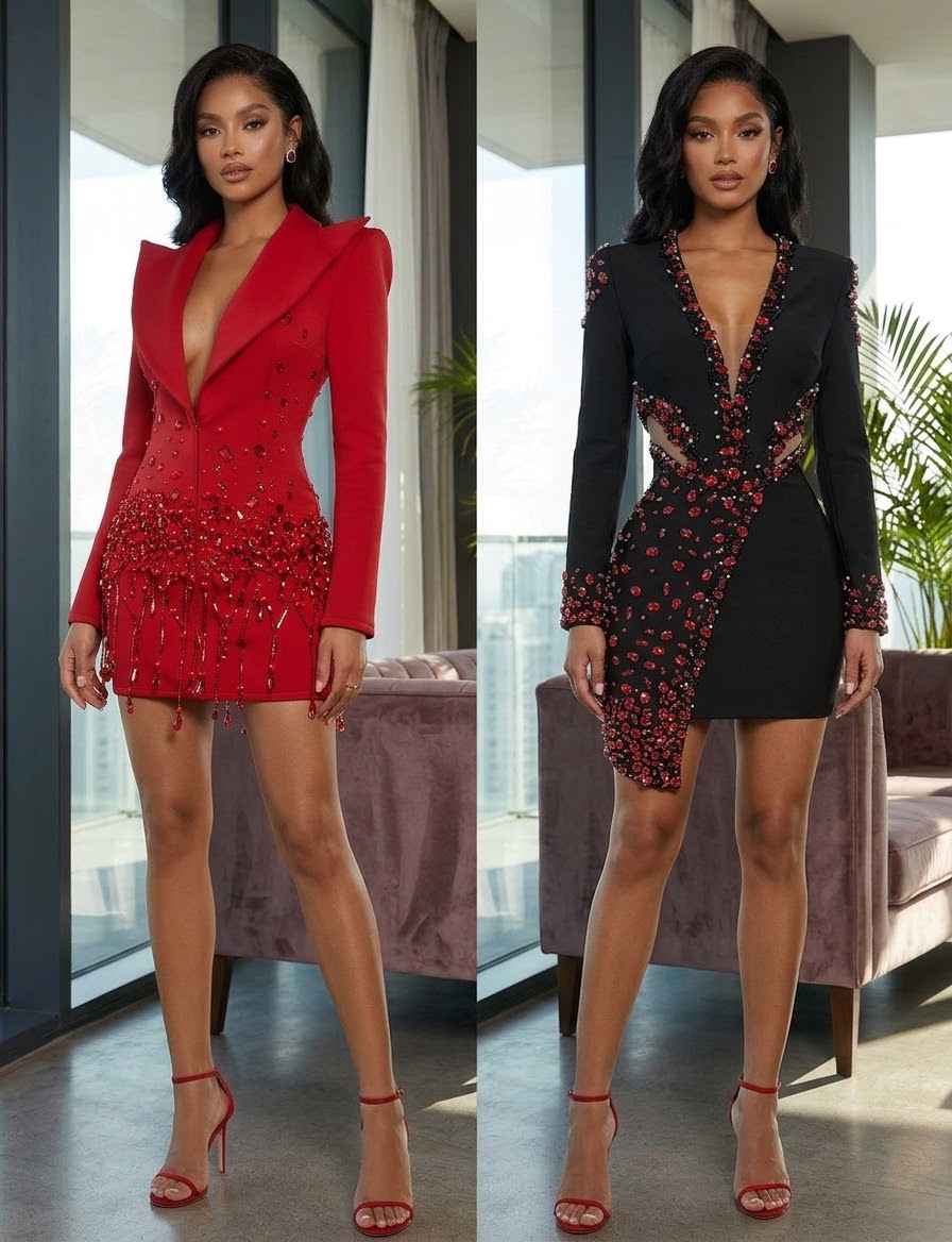 Luxury Crystal Rhinestone Blazer Mini Dress, Beaded Fringe Formal Party Gown, Sculptural Lapel Evening Cocktail Dress, Birthday Outfit Women
