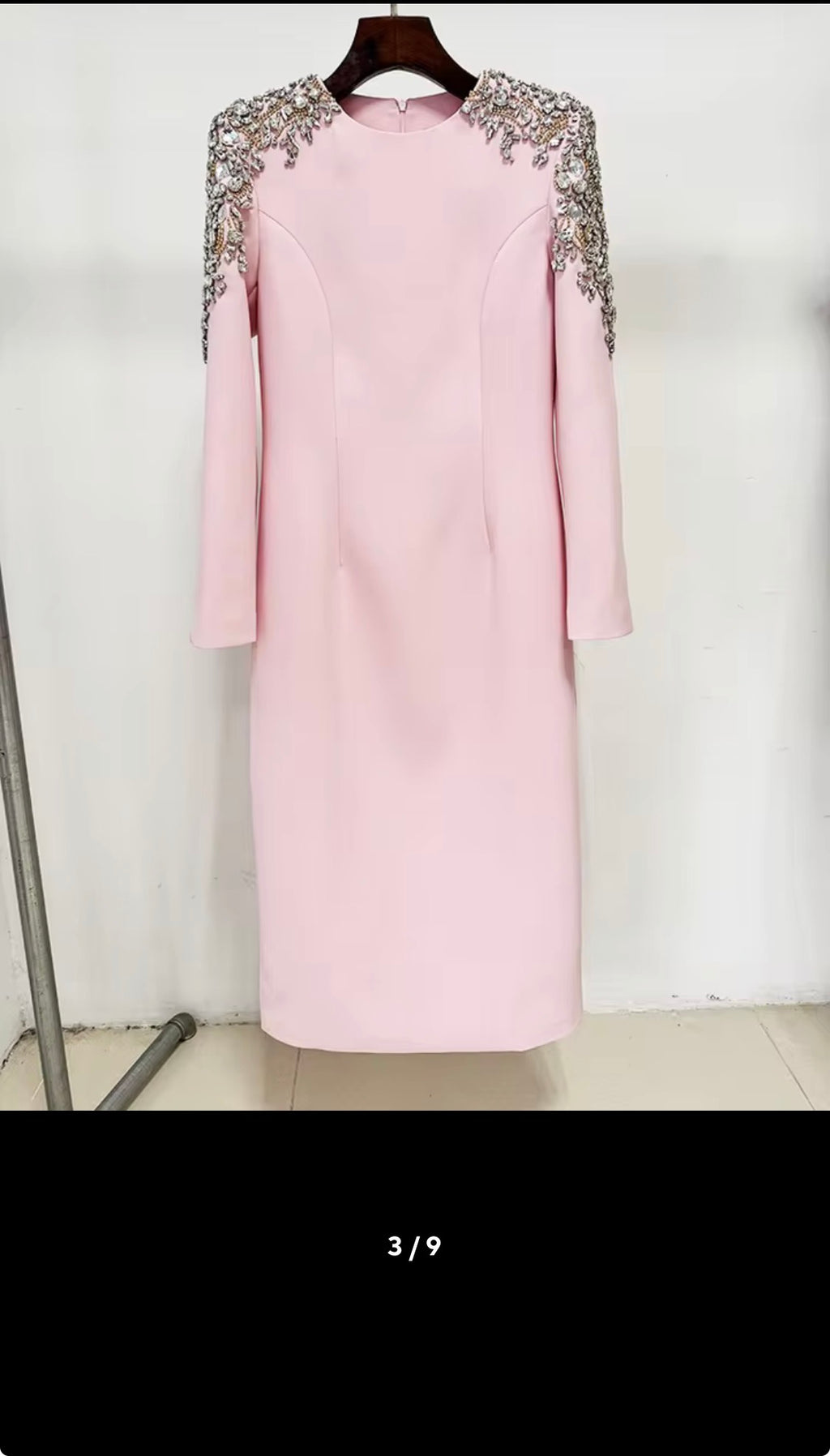 Elegance Crystal Beaded Shoulder Midi Dress, Long Sleeve Cocktail Party Dress, Luxury Formal Evening Gown
