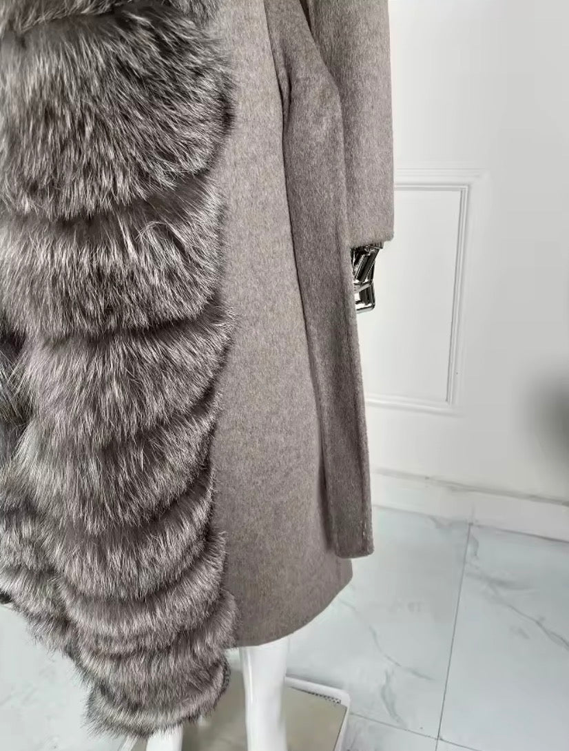 Long Luxury Wool & Cashmere Blend Coat for Women – Winter Warmth with a Genuine Silver Fox Fur Trim & Belted Waist