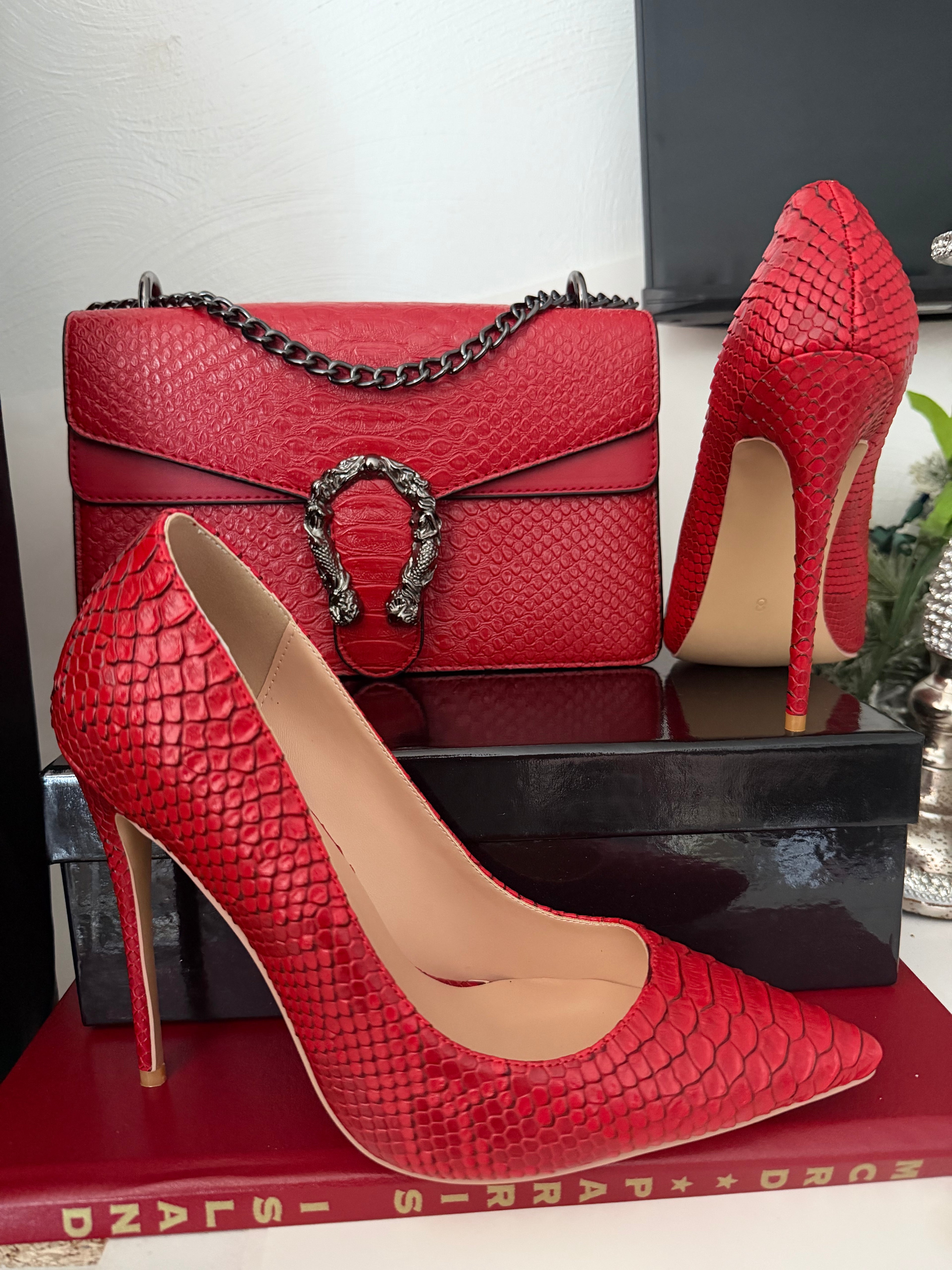 Red Snakeskin Heels and Purse Set | Cobra Print Stiletto Pumps and Dionysus Style Crossbody Bag | Red Crocodile Clutch with Gold Chain | Snakeskin Gift Set for Her