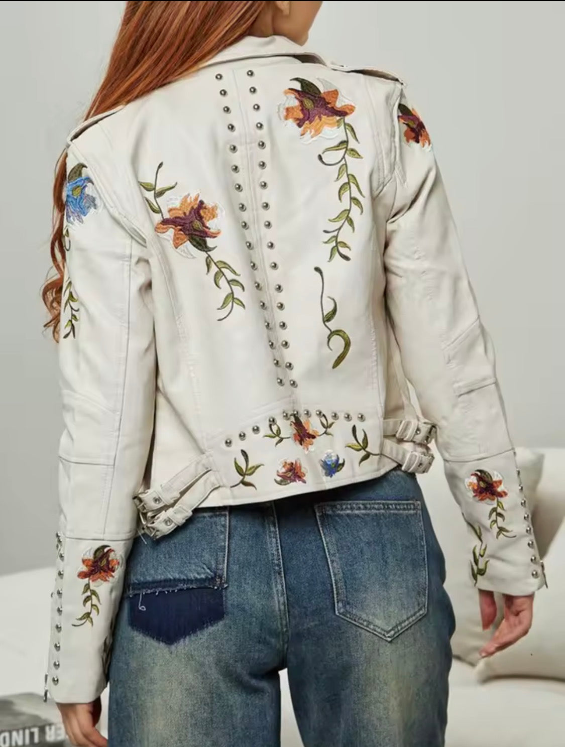 Women's Vintage Floral Embroidered Faux Leather Moto Jacket – Studded Asymmetric Biker Coat