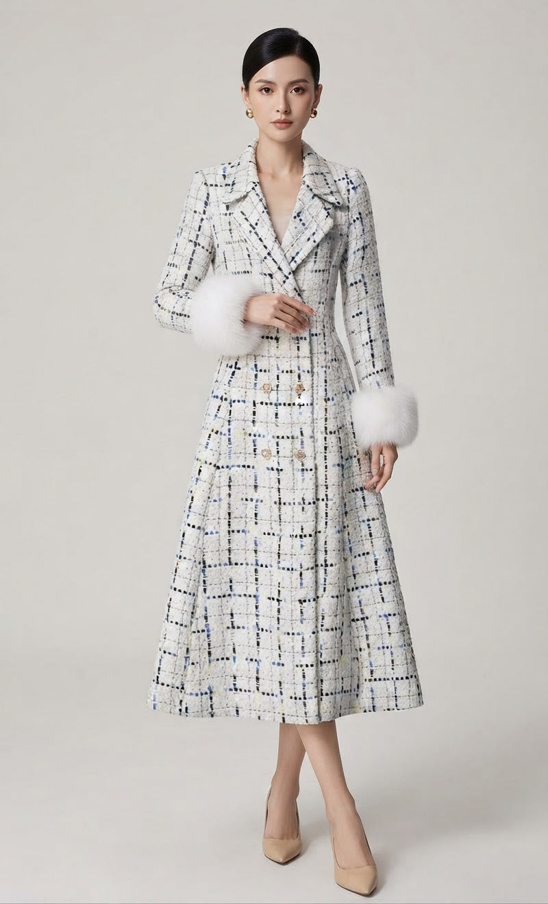 Women’s Long Tweed Plaid Trench Coat, Double-Breasted Winter Overcoat with Faux Fur Cuffs, Elegant Vintage Midi Jacket