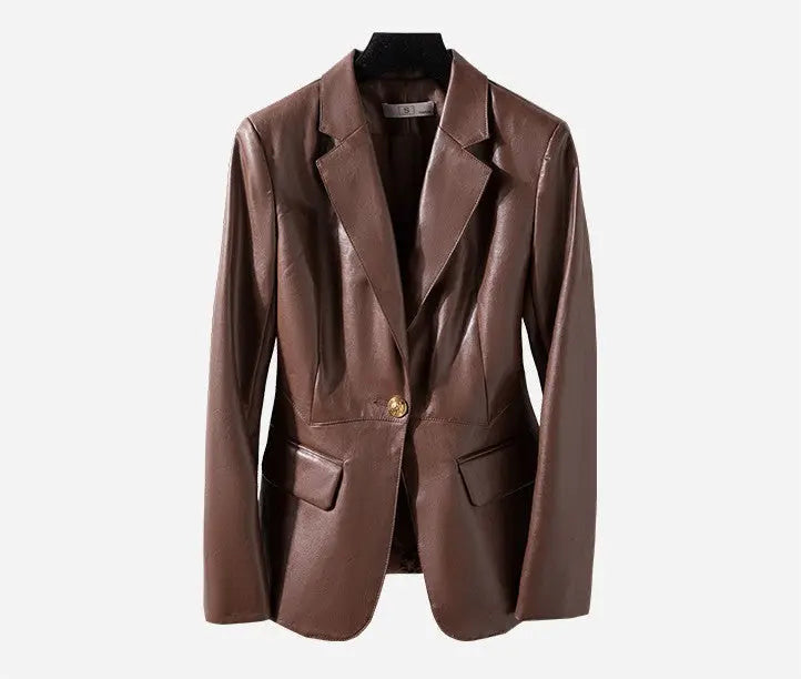 black leather dress and brown coat outfit